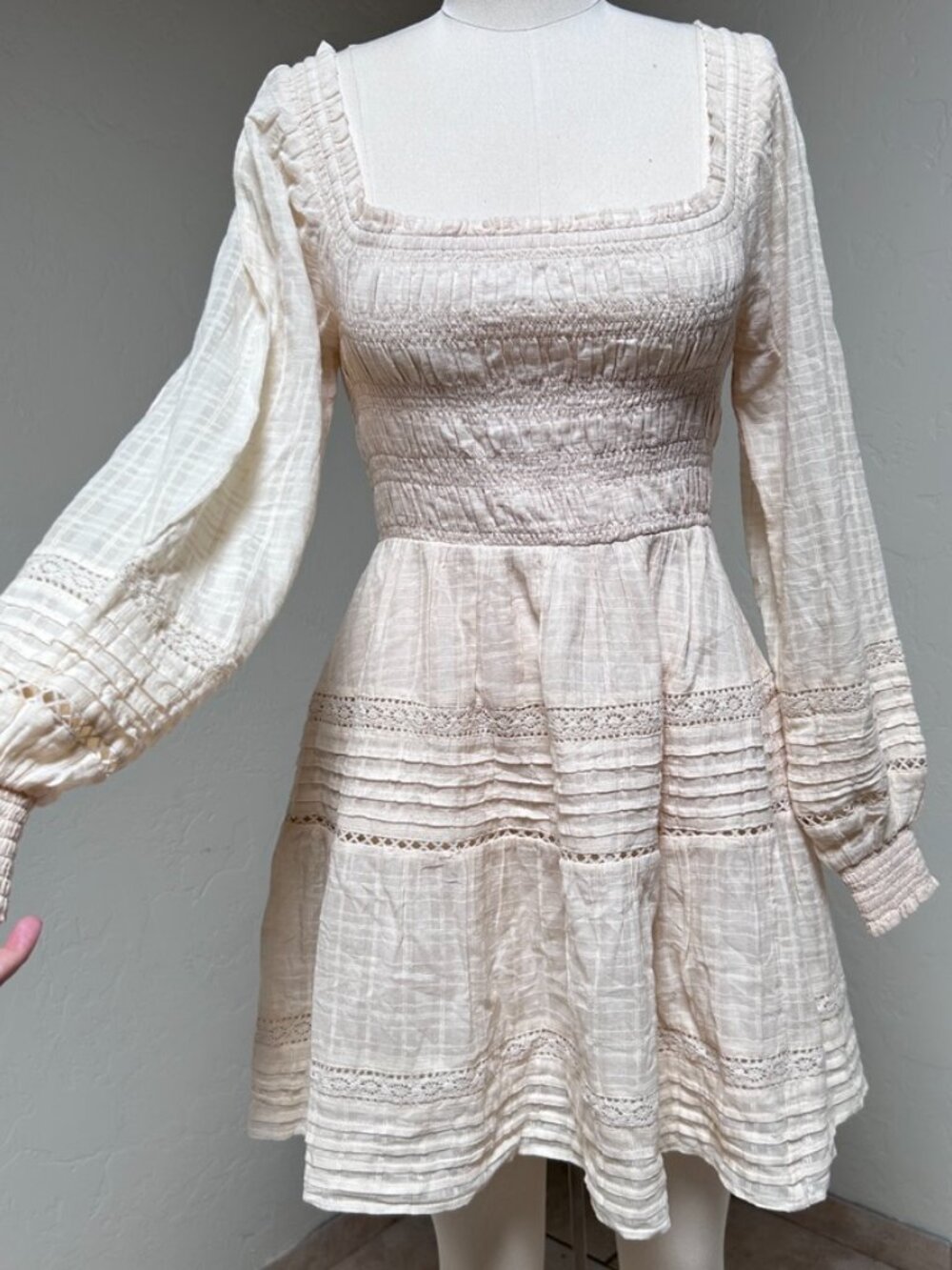 Milkmaid Prairie Cottage Cotton Lace Puff Sleeve Romantic Mini Dress Cream S
